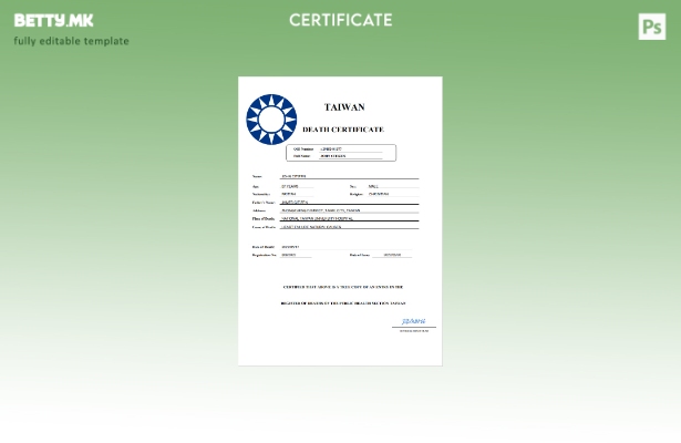 модерен стил Тајвански шаблон за уверение за смрт Word и PDF шаблон